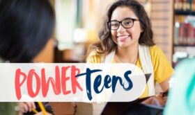 Power Teens logo. Background: smiling teenage girl in library
